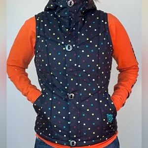 Burton Vest Women's Small Dry-Ride Hooded Fur Lined Puffer Black Polka Dot